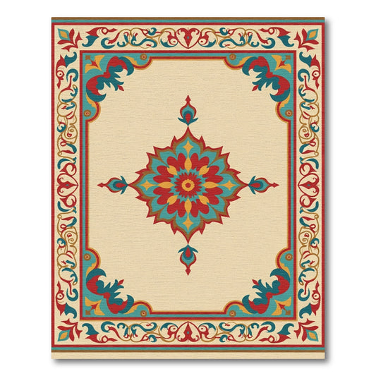 Vibrant Red Teal Floral Medallion Border Rug