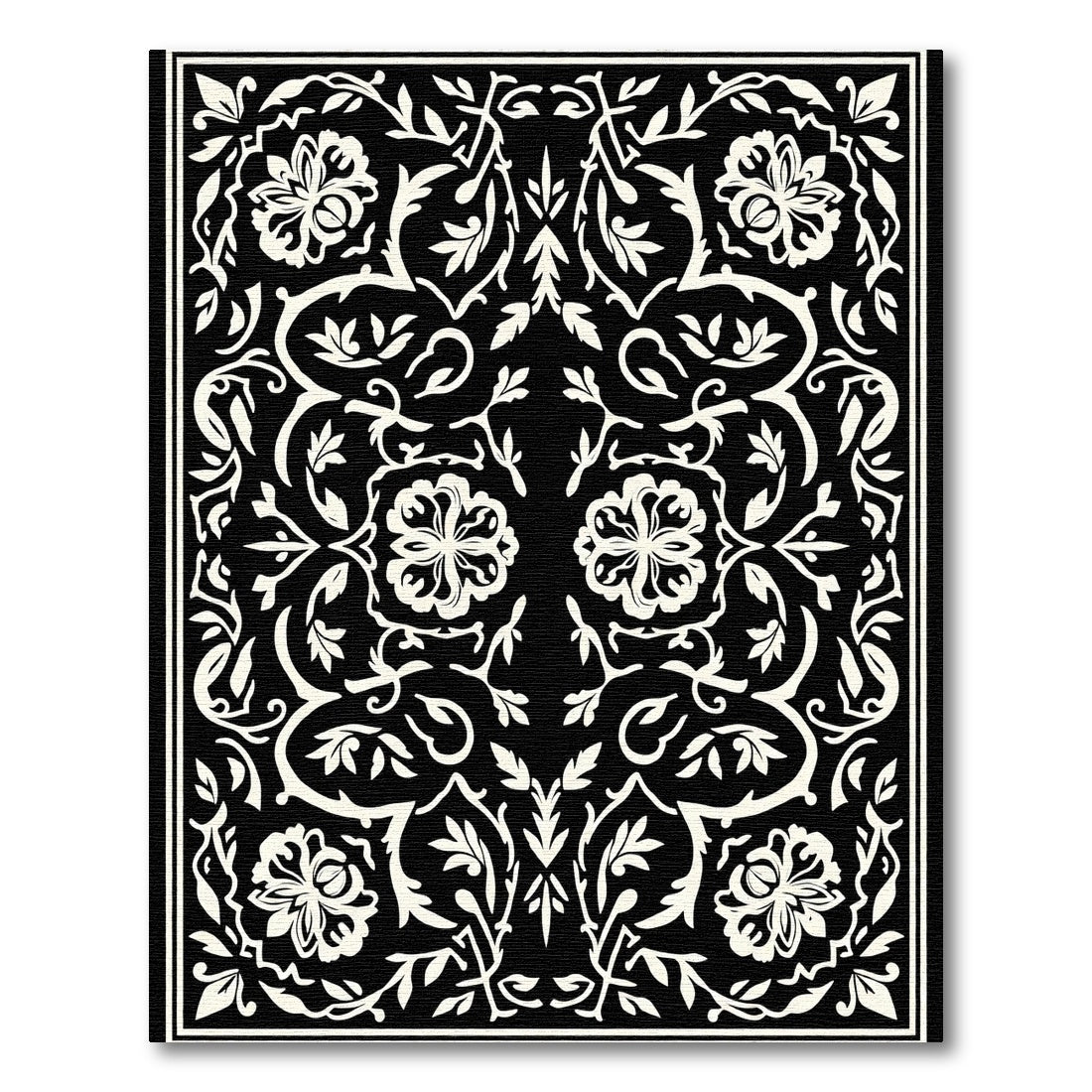 Black White Floral Scrollwork Rug