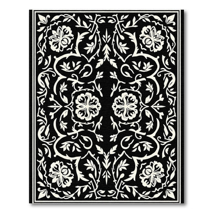 Black White Floral Scrollwork Rug