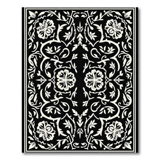 Black White Floral Scrollwork Rug