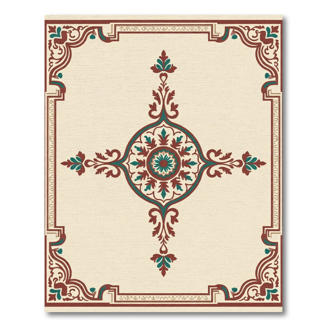 Crimson Teal Floral Medallion Frame Rug
