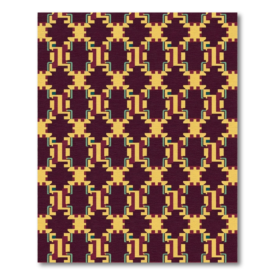 Geometric Deep Plum and Yellow Interlocking Forms Rug
