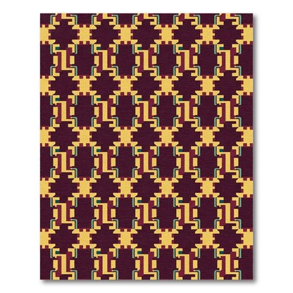 Geometric Deep Plum and Yellow Interlocking Forms Rug