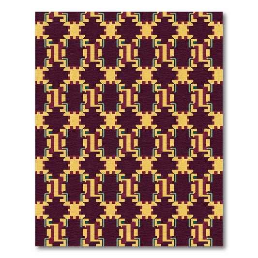 Geometric Deep Plum and Yellow Interlocking Forms Rug