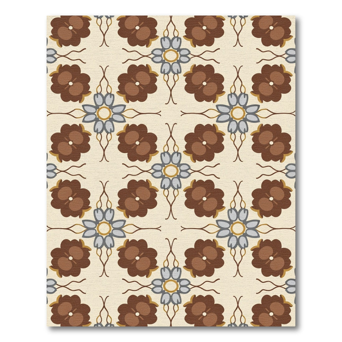 Brown Blue Floral Medallion Cream Rug