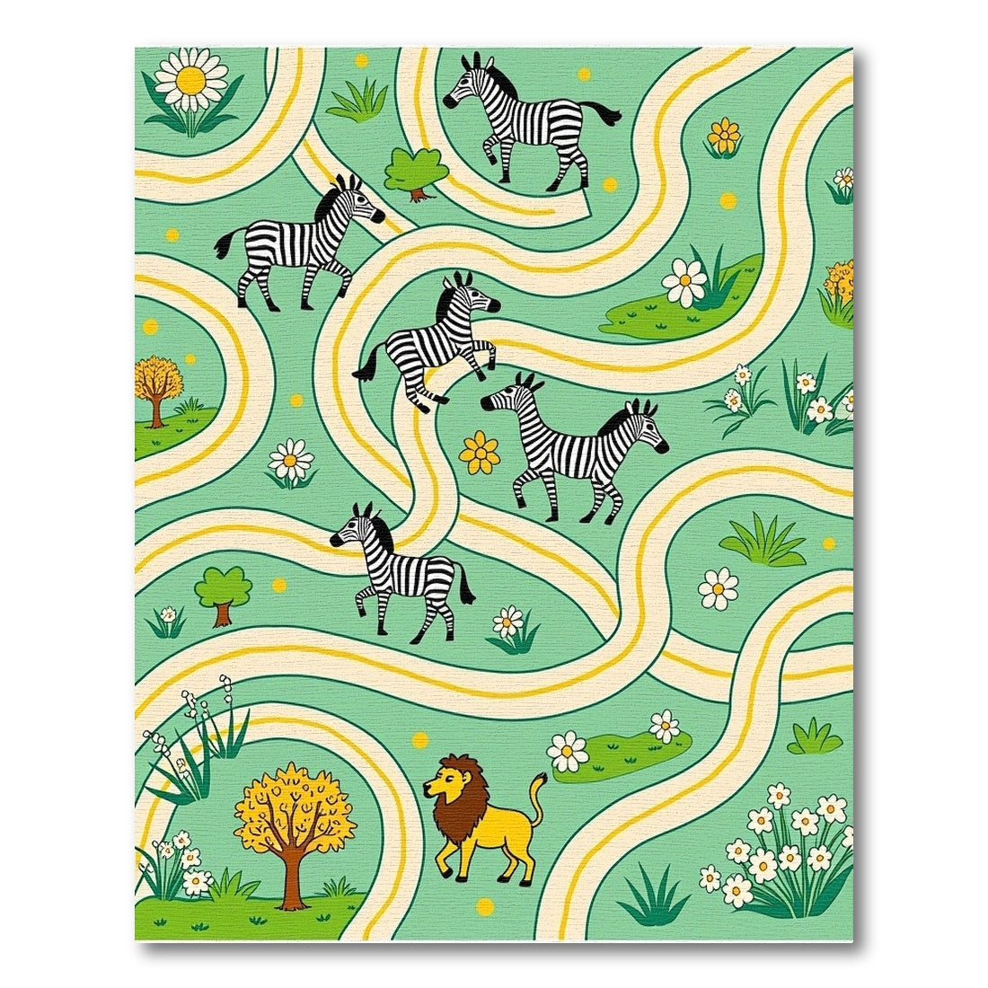 Whimsical Zebra Lion Green Landscape Rug