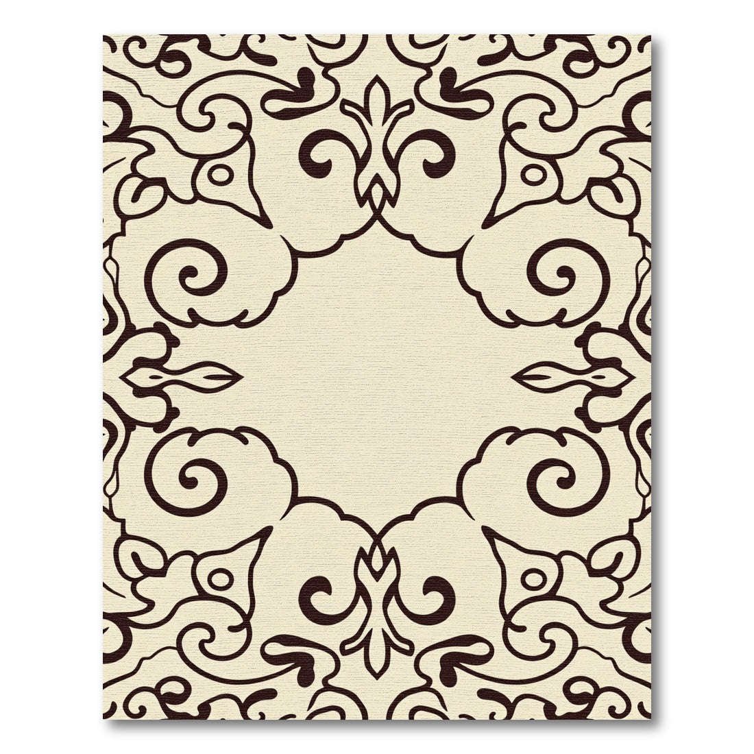 Cream Brown Ornate Scrollwork Frame Rug