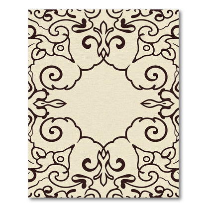 Cream Brown Ornate Scrollwork Frame Rug