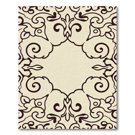 Cream Brown Ornate Scrollwork Frame Rug