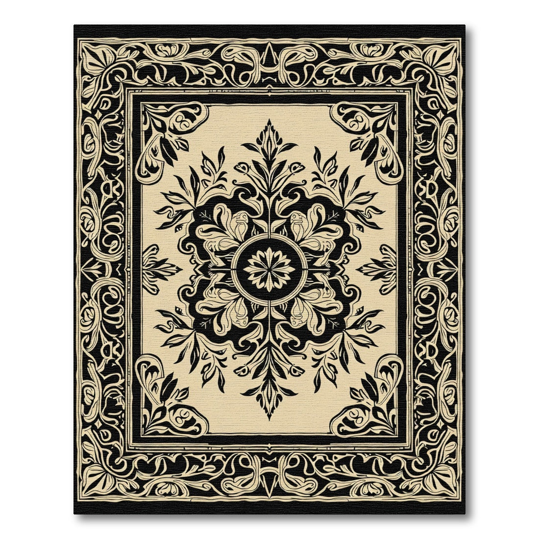 Black Beige Floral Medallion Square Rug