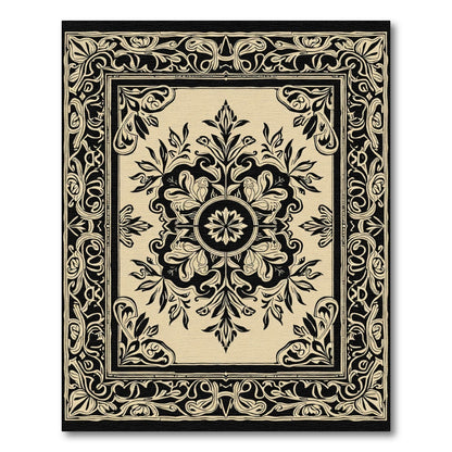 Black Beige Floral Medallion Square Rug