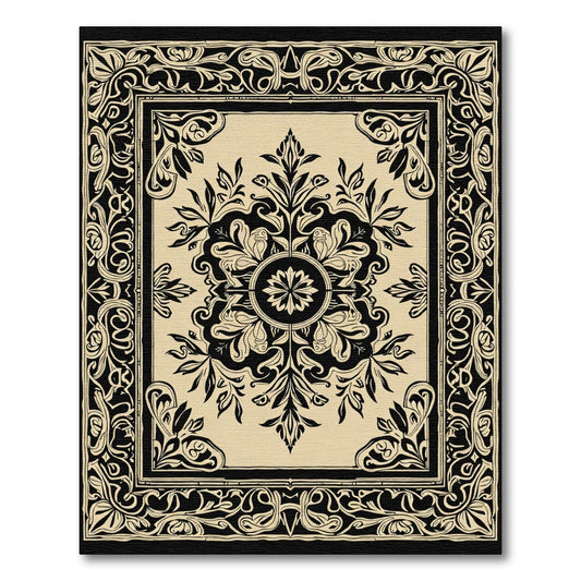 Black Beige Floral Medallion Square Rug