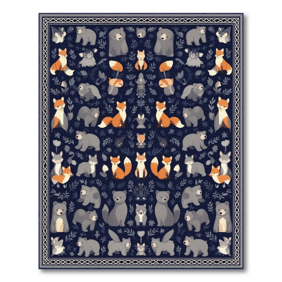 Navy Blue Woodland Animals Kids Area Rug