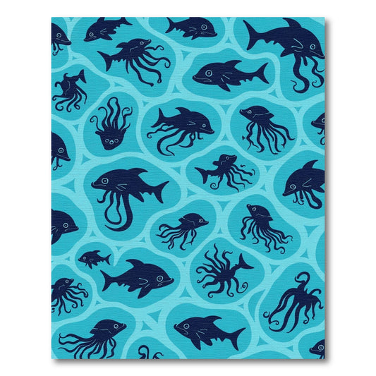 Marine Life Navy Silhouette Tile Rug