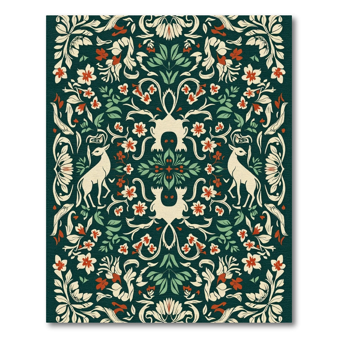 Deep Green Floral Deer Garden Arrangement Rug