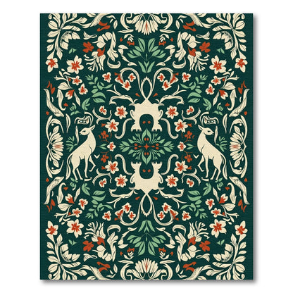 Deep Green Floral Deer Garden Arrangement Rug