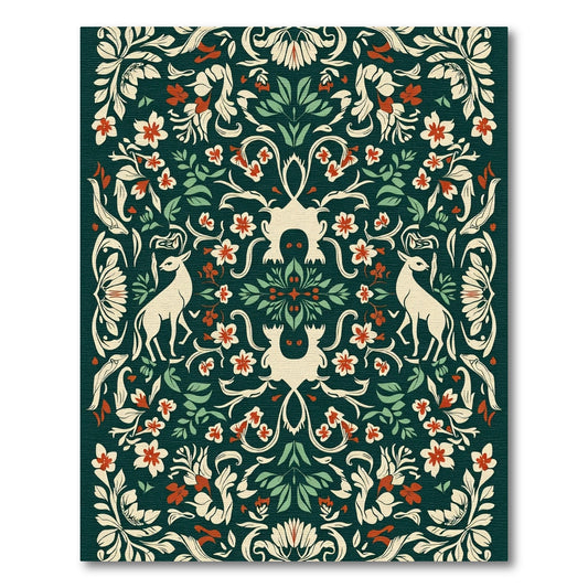 Deep Green Floral Deer Garden Arrangement Rug
