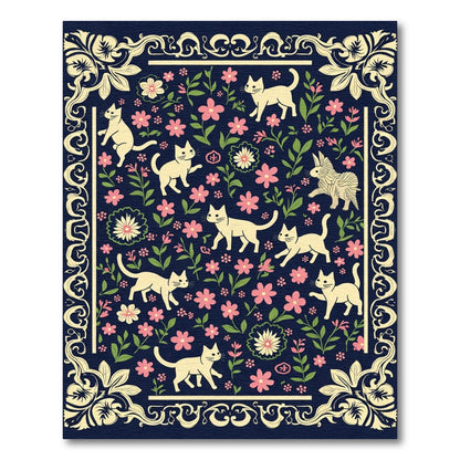 Whimsical Cats Floral Garden Navy Rug