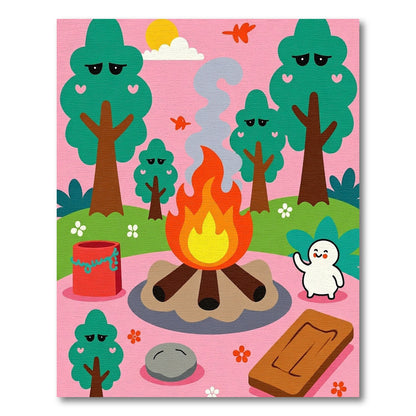 Playful Woodland Bonfire Character Scene Rug
