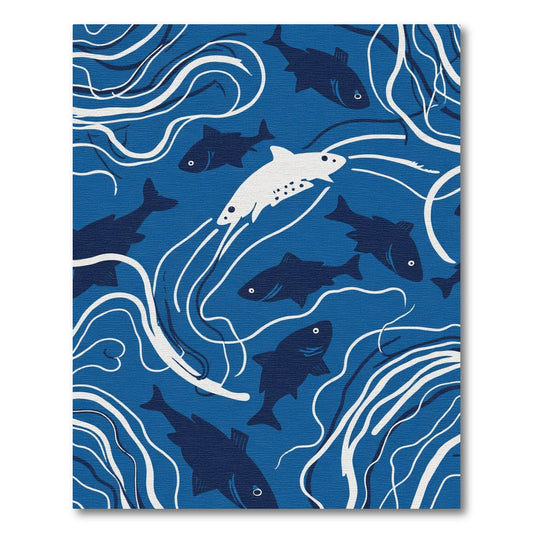 Deep Blue Aquatic Fish Swirl Rug