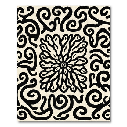 Black White Swirling Abstract Floral Rug
