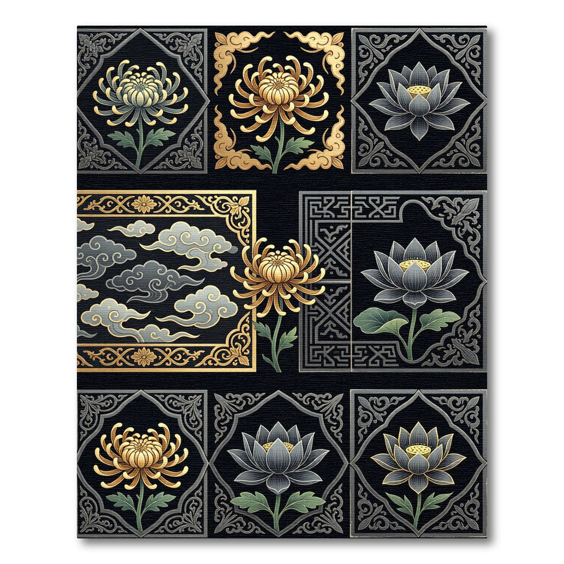 Golden Chrysanthemum Lotus Square Harmony Rug