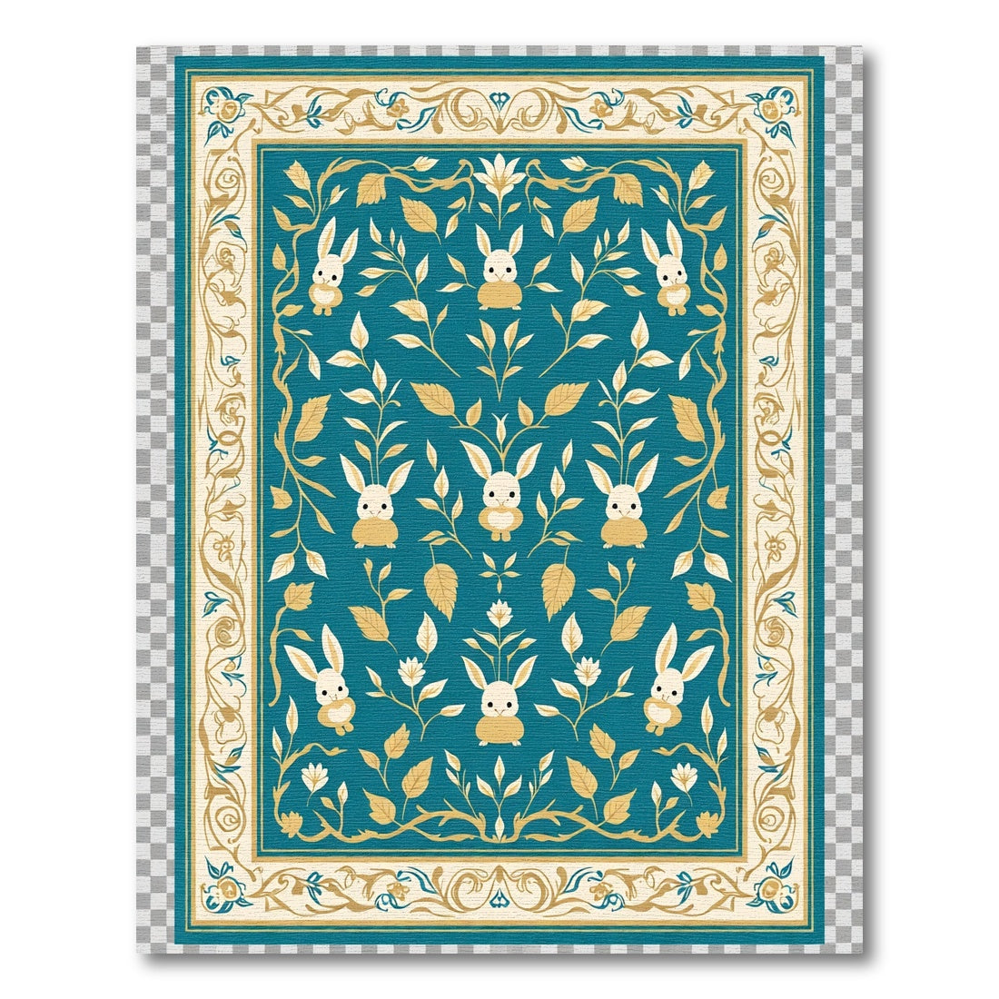Teal Golden Bunny Floral Border Rug