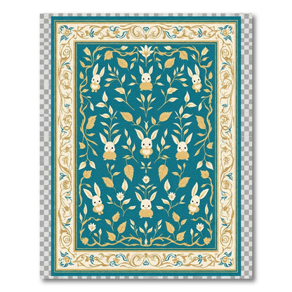 Teal Golden Bunny Floral Border Rug
