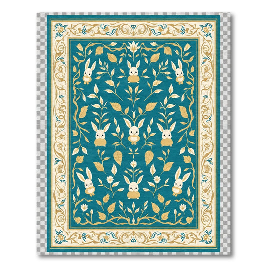 Teal Golden Bunny Floral Border Rug