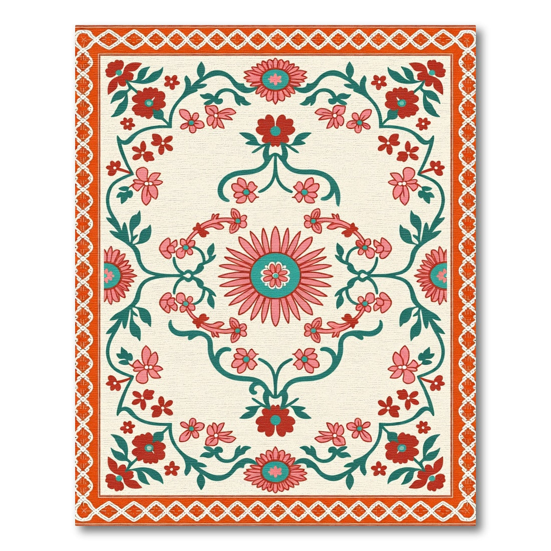 Crimson Coral Floral Vine Medallion Rug