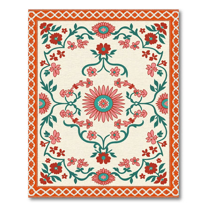 Crimson Coral Floral Vine Medallion Rug