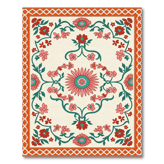 Crimson Coral Floral Vine Medallion Rug