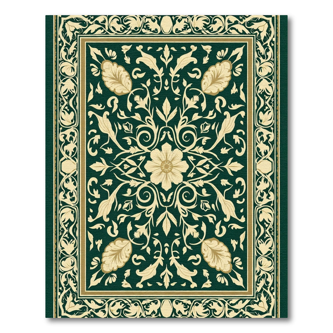 Dark Green Cream Floral Acanthus Border Rug