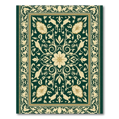 Dark Green Cream Floral Acanthus Border Rug