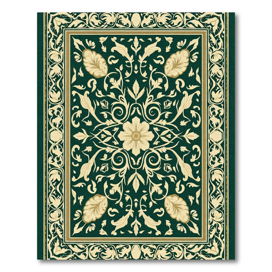 Dark Green Cream Floral Acanthus Border Rug