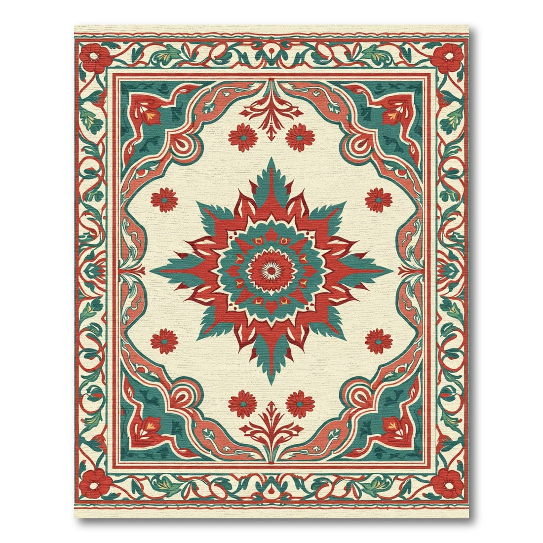 Crimson Teal Floral Medallion Border Rug