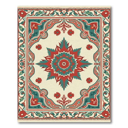 Crimson Teal Floral Medallion Border Rug