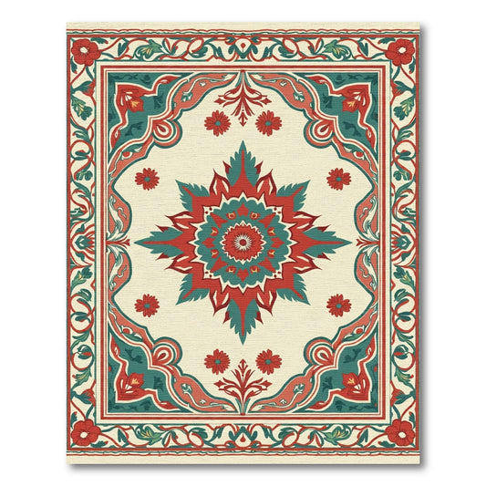 Crimson Teal Floral Medallion Border Rug
