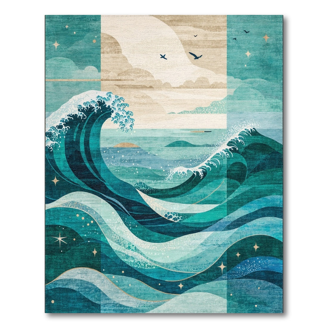 Teal Waves Starry Seascape Rug