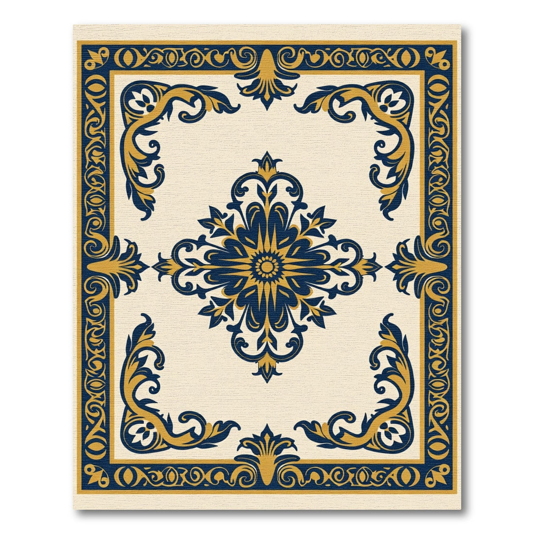Navy Gold Floral Scroll Frame Rug