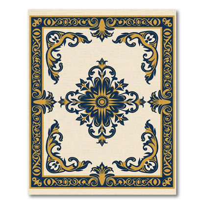 Navy Gold Floral Scroll Frame Rug