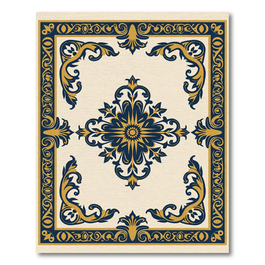 Navy Gold Floral Scroll Frame Rug