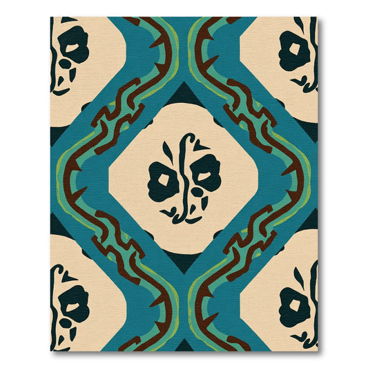 Teal Ochre Tribal Face Diamond Rug
