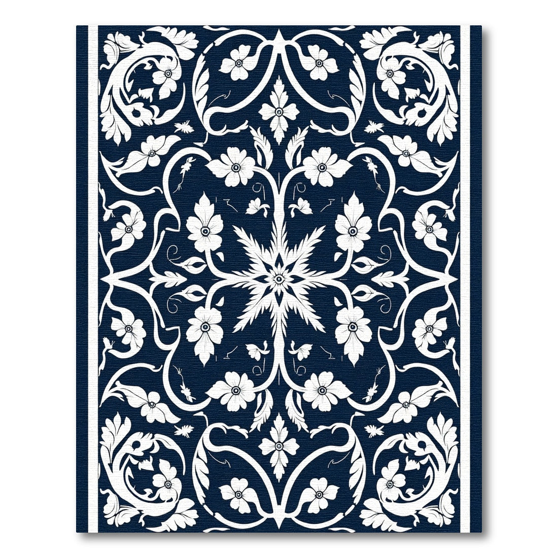 White Floral Scrollwork on Navy Canvas Rug