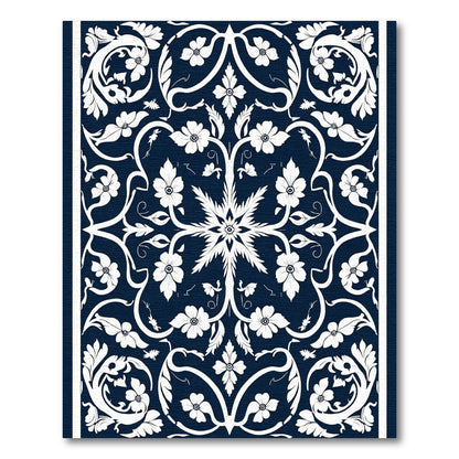 White Floral Scrollwork on Navy Canvas Rug