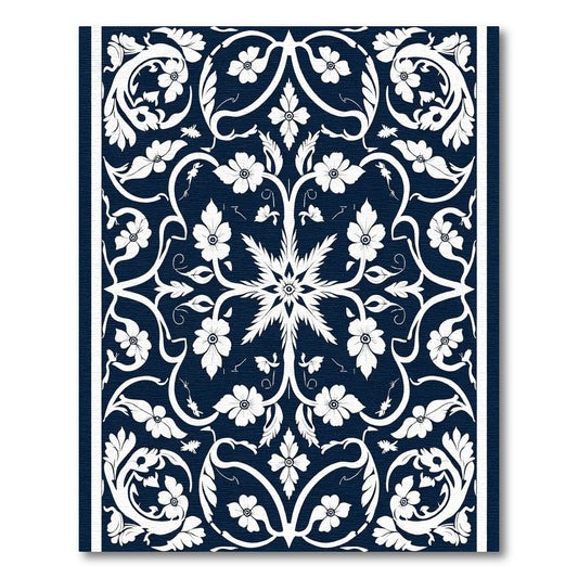 White Floral Scrollwork on Navy Canvas Rug