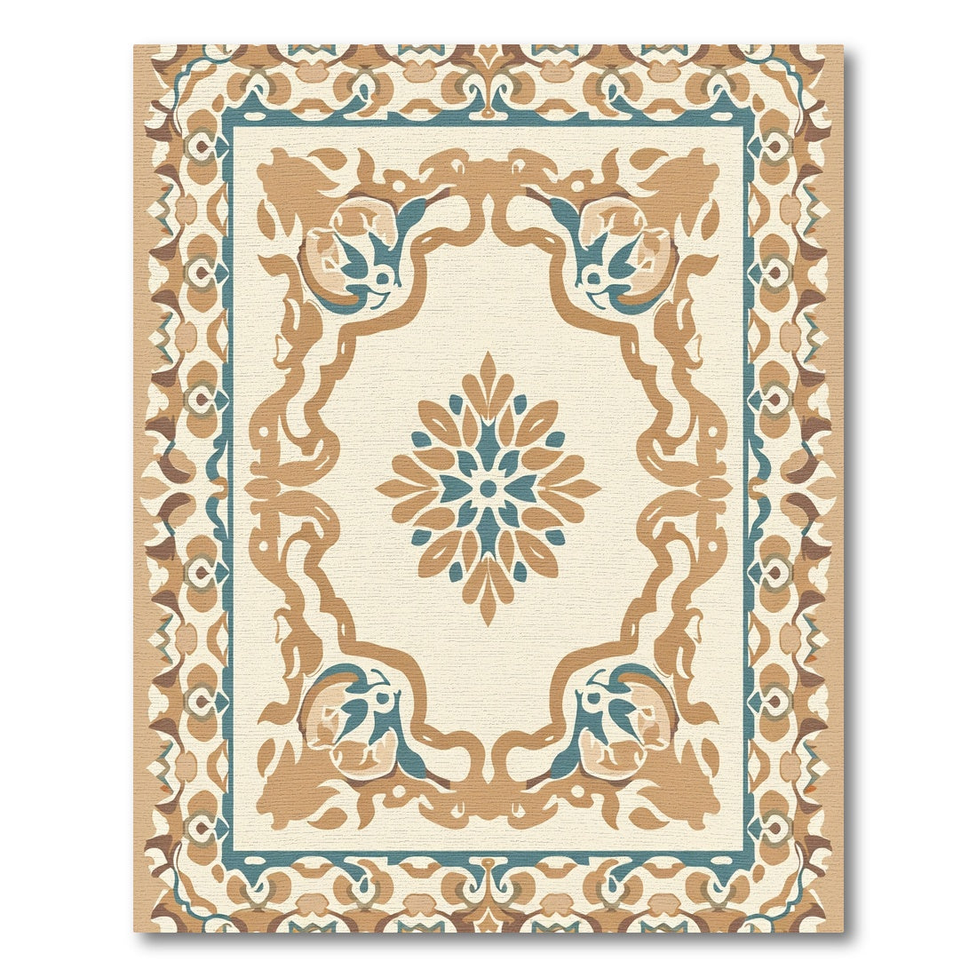 Cream Brown Teal Medallion Border Rug