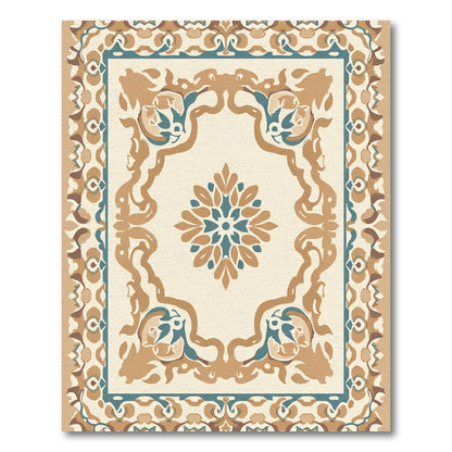 Cream Brown Teal Medallion Border Rug