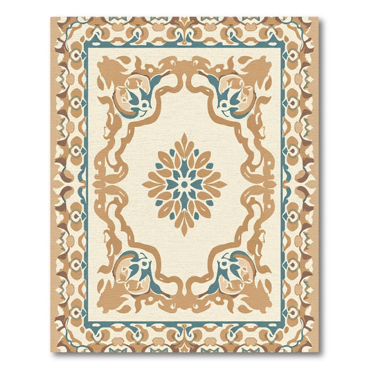 Cream Brown Teal Medallion Border Rug