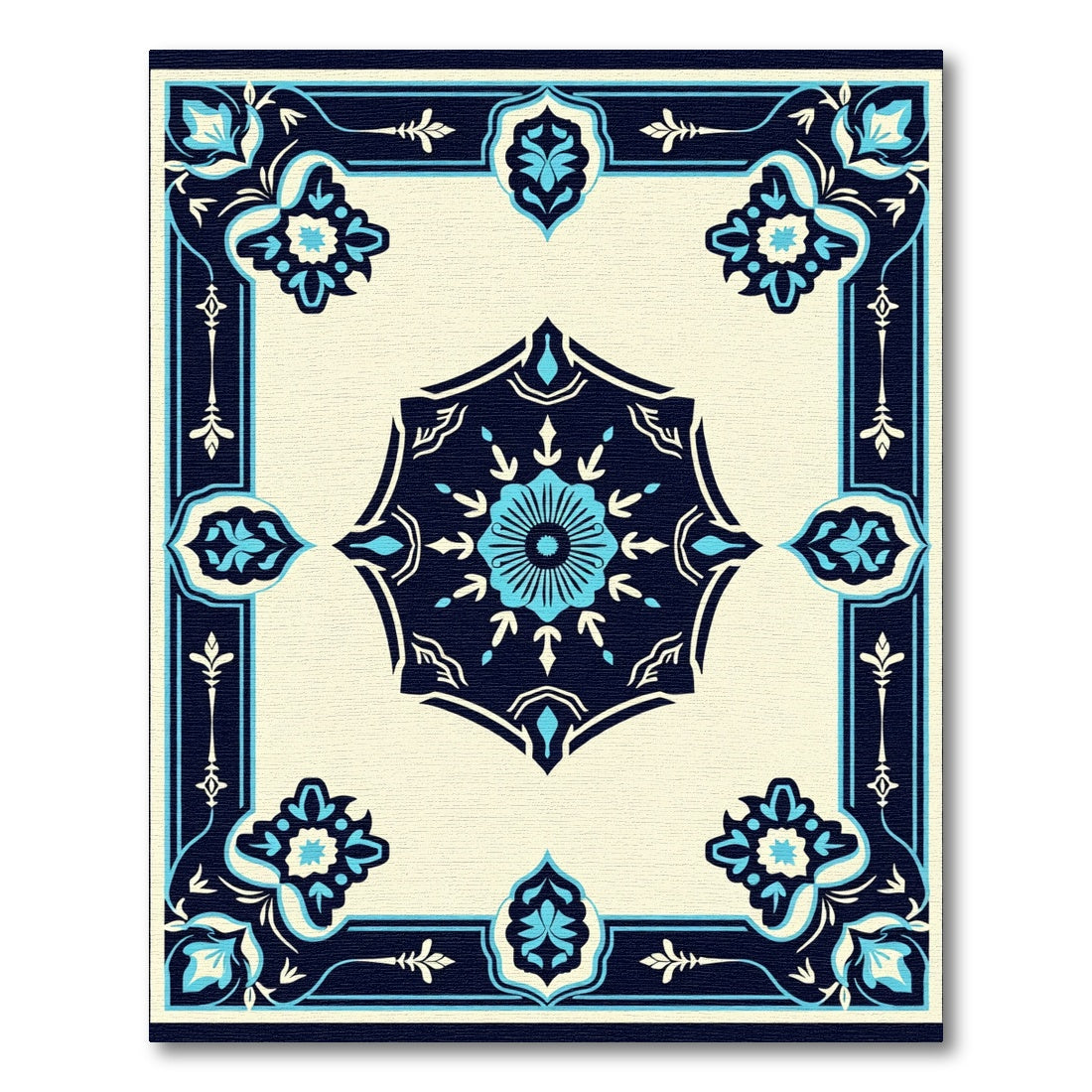 Navy Blue Floral Medallion Cream Rug